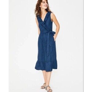 Boden Nancy Linen Midi Dress Ruffle Wrap Tie Waist Blue size 6 Sleeveless
